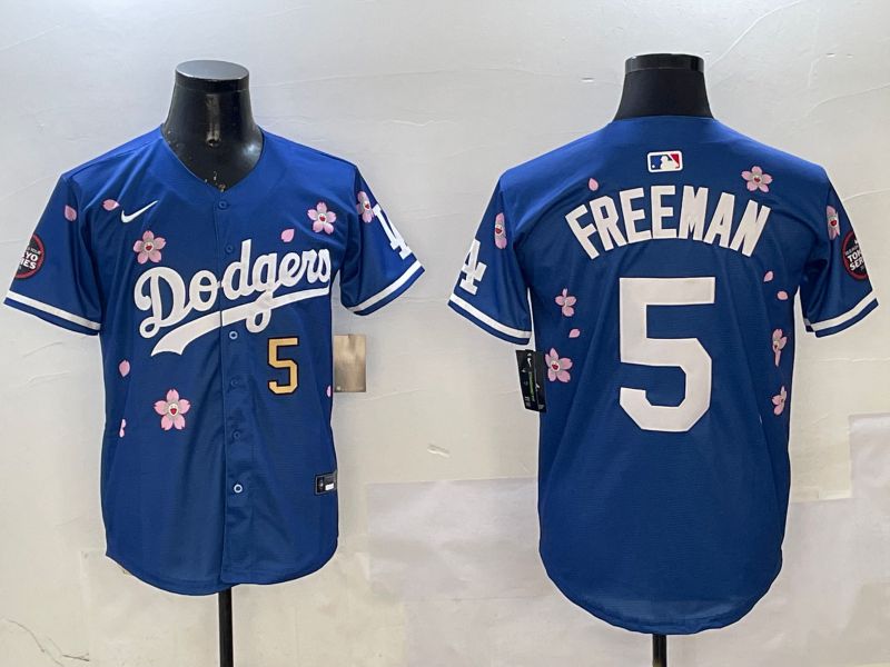 Men Los Angeles Dodgers 5 Freeman Blue Sakura Edition 2025 Nike MLB Jersey style 8